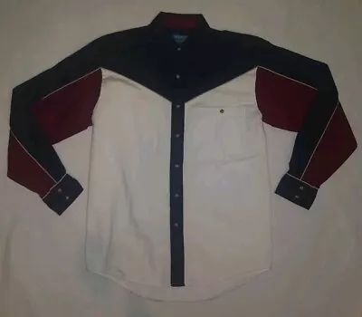 Wrangler Western Shirts Small Color Block Pearl Snap Burgundy White Navy MH1003M • $15