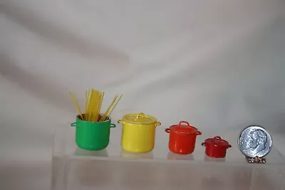 Miniature Dollhouse 4 Vintage Enameled Colorful Copper Pots & Pasta Noodles 1:12 • $14.99