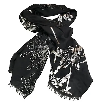 Black Scarf Shawl Metallic Silver Abstract Floral Graphics 74 X 28 Short Fringe • $12.95