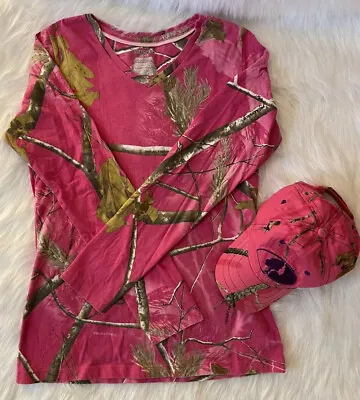 Mossy Oak Women M 8-10 Pink Camo Camouflage LS V Neck Shirt W/Matching Hat EUC • $24.99