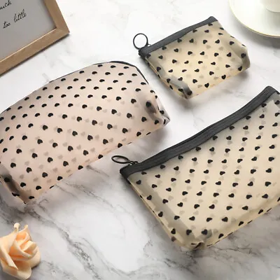 Mesh Cosmetic Makeup Bags Case Holder Zipper Heart Printed Pencil Case Pouch ZSY • £5.71