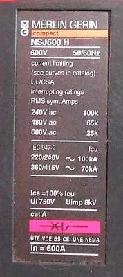 MERLIN GERIN NSJ600H CIRCUIT BREAKER 600V 600A 3P Motor Operator Load Tested  • $1350