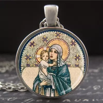 Art Nouveau Necklace Madonna & Child Pendant Jeanne Labrousse Mother Mary Medal • $25