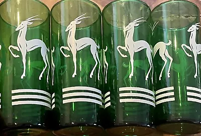 Vtg 4 Hazel-Atlas Tumbler White Gazelle Springbok Green Collins Cocktail Glasses • $29.99