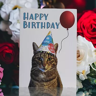 Crazy Cat Lady Birthday Card Party Hat Balloon Her Him Pet Tabby Cat Funny Cat • £3.95