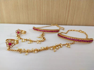 £24.26 • Buy Indian Temple Jewelry Hath Punja Bollywood Ethnic Gold Plated Bracelet With Ring