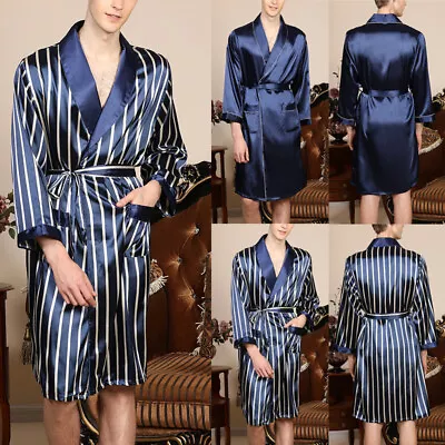 Mens-Satin Silk Pajamas Kimono Bathrobe Robe Dressing-Gown Sleepwear-Loungewear • £19.99