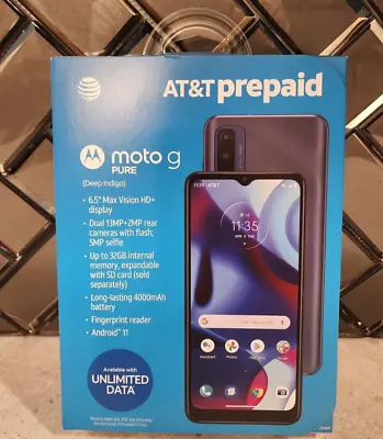 AT&T ATT Motorola Moto G Pure 32GB Deep Indigo Prepaid Smartphone 6.5  Brand New • $59.88