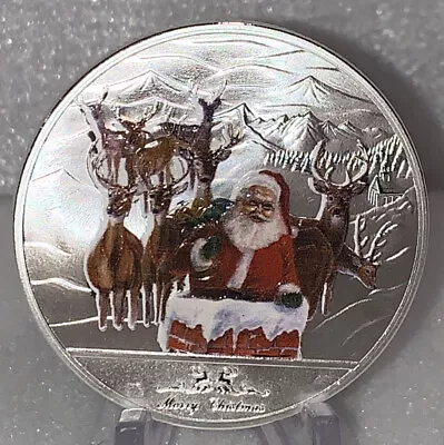 * Santa & Reindeer North Pole Merry Christmas Happy New Year Silver Plated Coin • $5.95