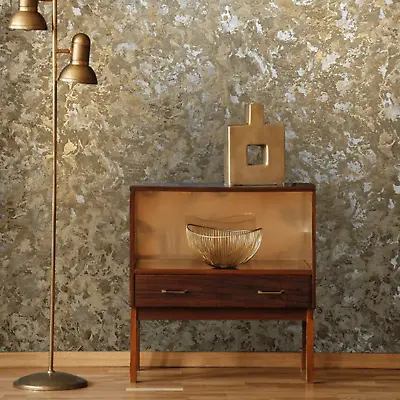 Gold Marbled Mettalic Wallpaper Thick Textured Plaster Industrial Effect Vinyl • £15.29