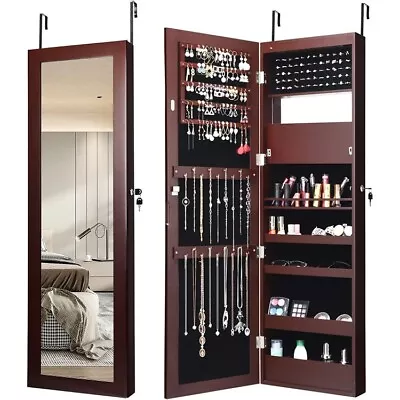 Jewelry Cabinet Wall Mount Lockable Door Armoire LED Lights & Full Length Mirror • $98.97