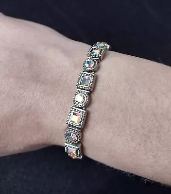 Vintage Aurora Borealis AB Crystal Expandable Bracelet With Pavé Highlights • $45