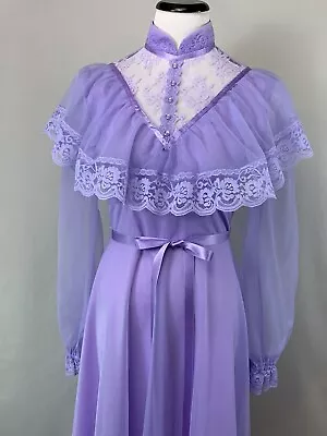 Vintage 70s Maxi Prom Dress Lace & Chiffon Pastel Violet 38  Bust • $74.99