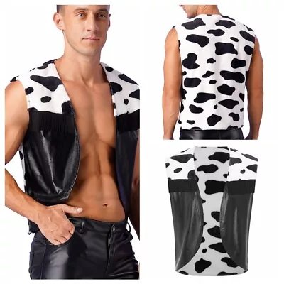 UK Mens Cowboy Festival Cow Print Party Vest Theme Top Clubwear Tassel Carnival • £14.49