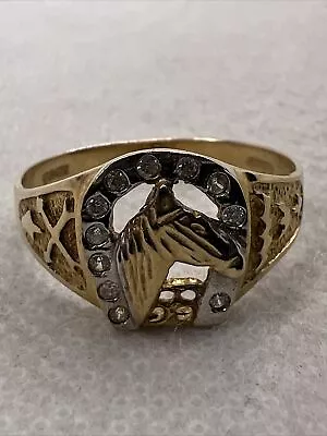 Solid 10K Yellow Gold White CZ HORSE HEAD & HORSESHOE Men’s Ring 2.8gr Size 10.5 • $395.99