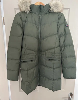 Girls TOMMY HILFIGER Green Khaki Down Puffer Parka Jacket Coat Size 16 Years • £39.99
