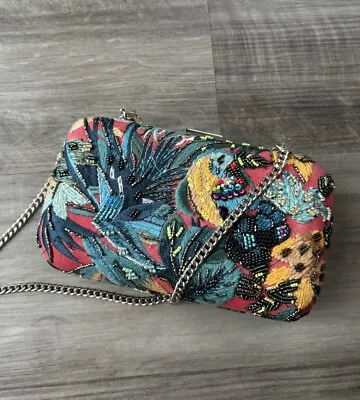 ZARA Beaded Tropical Chain Purse Kisslock Shoulder Bag Clutch Embroidered • $29.39