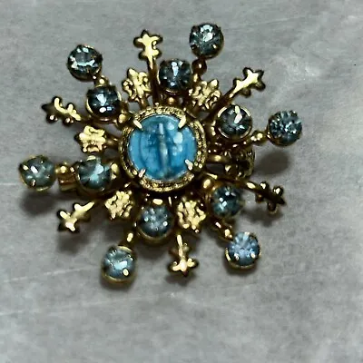 VTG Catholic Virgin Mary Blue Enamel Guilloche Gold Tone Rhinestones Brooch Pin • $20