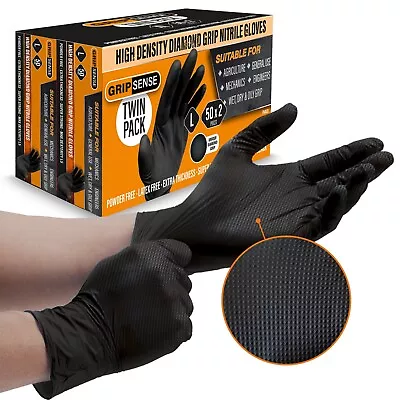 GripSense Nitrile Gloves (Pack Of 50) - High Density Diamond Grip Black Gloves • £9.99