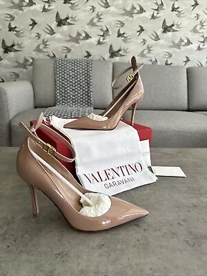 Valentino Garavani V Logo Strappy Court Shoes 10cm Patent Rose Leather UK 5 37 • £360