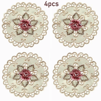 £7.45 • Buy Set Of 4 Round Floral-Placemats White Embroidered Lace Doilies Table Runner Mats