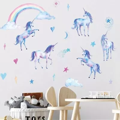 Unicorns Wall Stickers Rainbow Baby Kids Bedroom Nursery Decor Art Mural Decal • £9.98