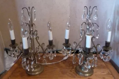 Vintage Pair Brass Table Candelabras Electric  36 Crystal Prisms • $179.94