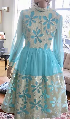 Vintage 70s Tiffany Blue  Gold Metallic Floral Chiffon Princess Prom Party Dress • $75