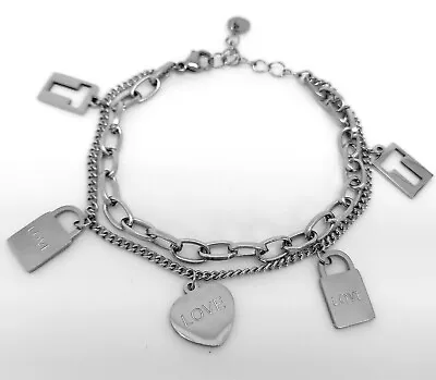 Ladie's Stainless Steel Silver Charms  Bracelet Love Double Chain • £10