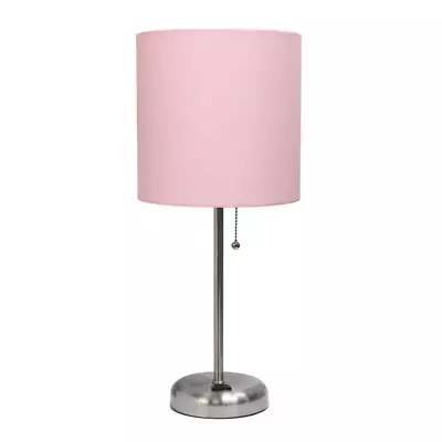 Table Lamp Charging Outlet 19.5 In. Light Pink Fabric Shade Brushed Steel Base • $27.77