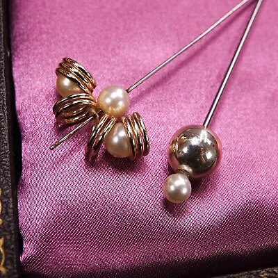 2 Vtg Art Deco 4  Hatpins Faux Pearl Fancy Gold Swirl SOME DAMAGE Upcycle Craft • £5.99