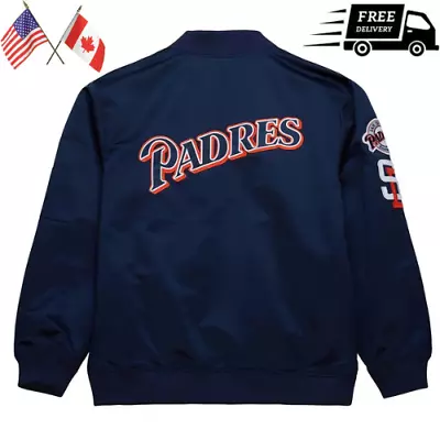 Men's Navy Vintage Logo San Diego Padres Bomber Full-Zip Satin Varsity Jacket • $97.99