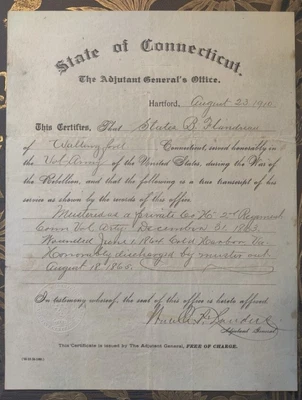 $50 • Buy Civil War Honorable Discharge Papers 1865 Signed On 1910 Connecticut 