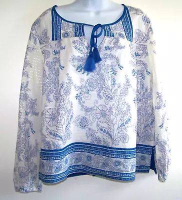 J. CREW Point Sur Top Women L Tassel Tie Tunic White Blue Floral Peasant Popover • $14.88