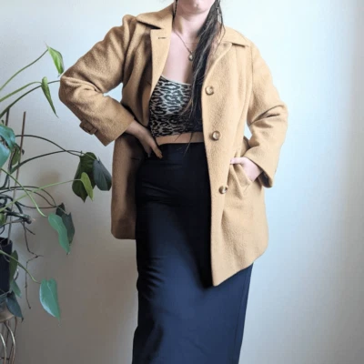 $45.90 • Buy Vintage 70s Tan Camel Hair Wool Pea Coat Classic Chic Old Money Preppy Luxury M