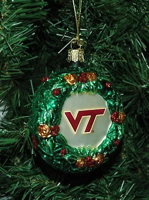 Virgina Tech Hokies Blown Glass Hand Painted Wreath Christmas Ornament • $12.95