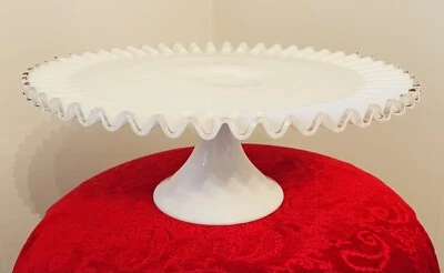 $65 • Buy Vintage Fenton White Milk Glass Pedestal Cake Plate Silver Crest Ruffled 13 