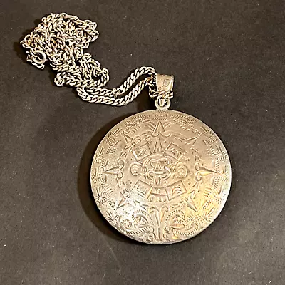 925 Sterling Silver Aztec Mayan Calendar Pendant Medal With Chain JC 2 Inches • $39.98