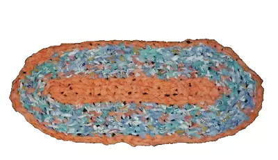 Vintage Rag Rug Table Runner Oval Mat Imperfectly Handmade Crochet Blue Orange • $23.99
