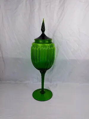 Vintage Mid Century Empoli Olive Green Art Glass Candy Jar Tint With Lid 18  H • $125