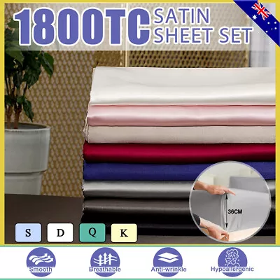 $30.99 • Buy 1800TC Satin Sheet Set Flat Fitted Sheets Pillowcase Single Double Queen King AU