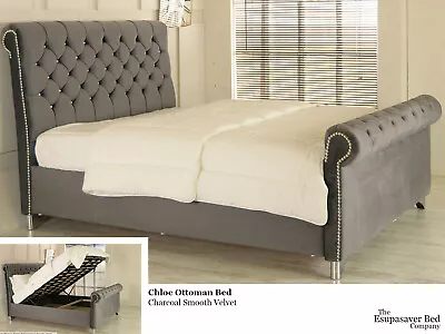 Chloe Ottoman Sleigh Storage Bed - Diamante Buttons - Esupasaver Made In England • £519