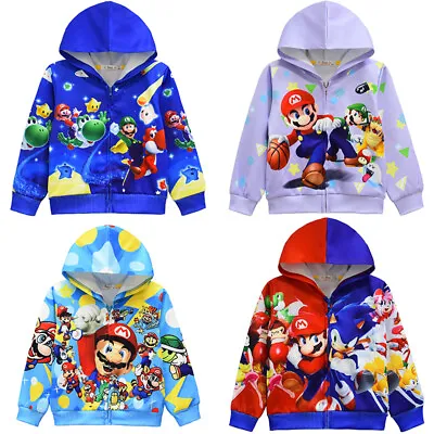 Super Mario Boys Hoodies Luigi Mario Hooded Sweatshirts Zip Up Jackets Casual • $28.16
