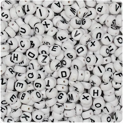 100 White W/Black 7mm Flat Disc Coin Plastic Alphabet Beads - Letter Choice A-Z • $1.99