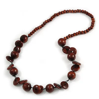 £10 • Buy Brown Round And Button Wood Bead Long Necklace - 88cm L