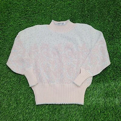 Vintage 90s Justin-Allen Ribbed Knitted Sweater Women M 19.5x21 Pastel Pale-Pink • $26.68