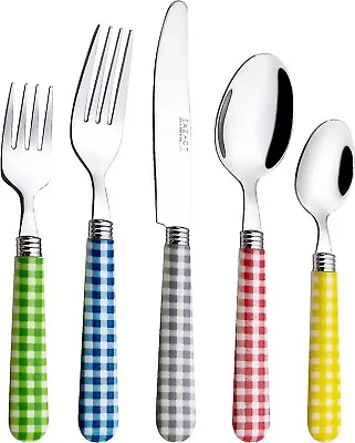 EXZACT Cutlery Set 20pcs Stainless Steel With Gingham Check Coloured Handles • £17.99