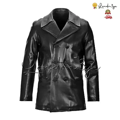 Double Breasted Leather Coat Mens Black Peacoat For Men Masculine Outerwear • $180.85