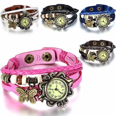 Women Vintage New Leather Bracelet Butterfly Decoration Quartz Wrist Watch • $8.99