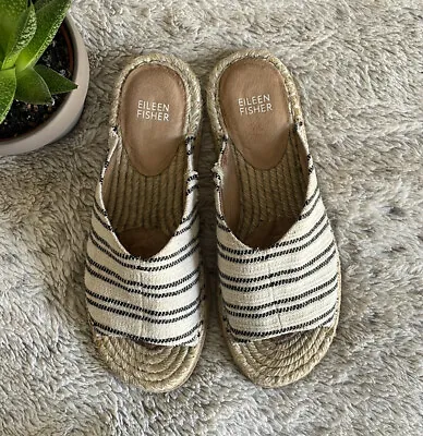 Eileen Fisher Natural & Black Milly Espadrille Slide Sandal $195 • £71.24